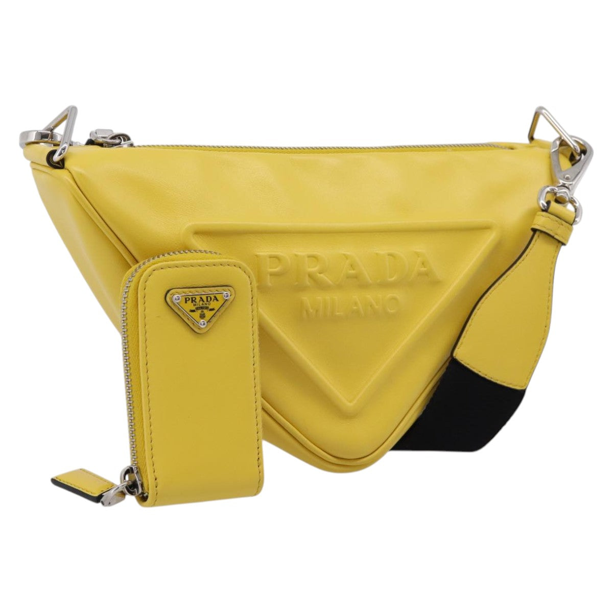 PRADA Triangle Shoulder Bag Leather Yellow Silver Auth ka6699M