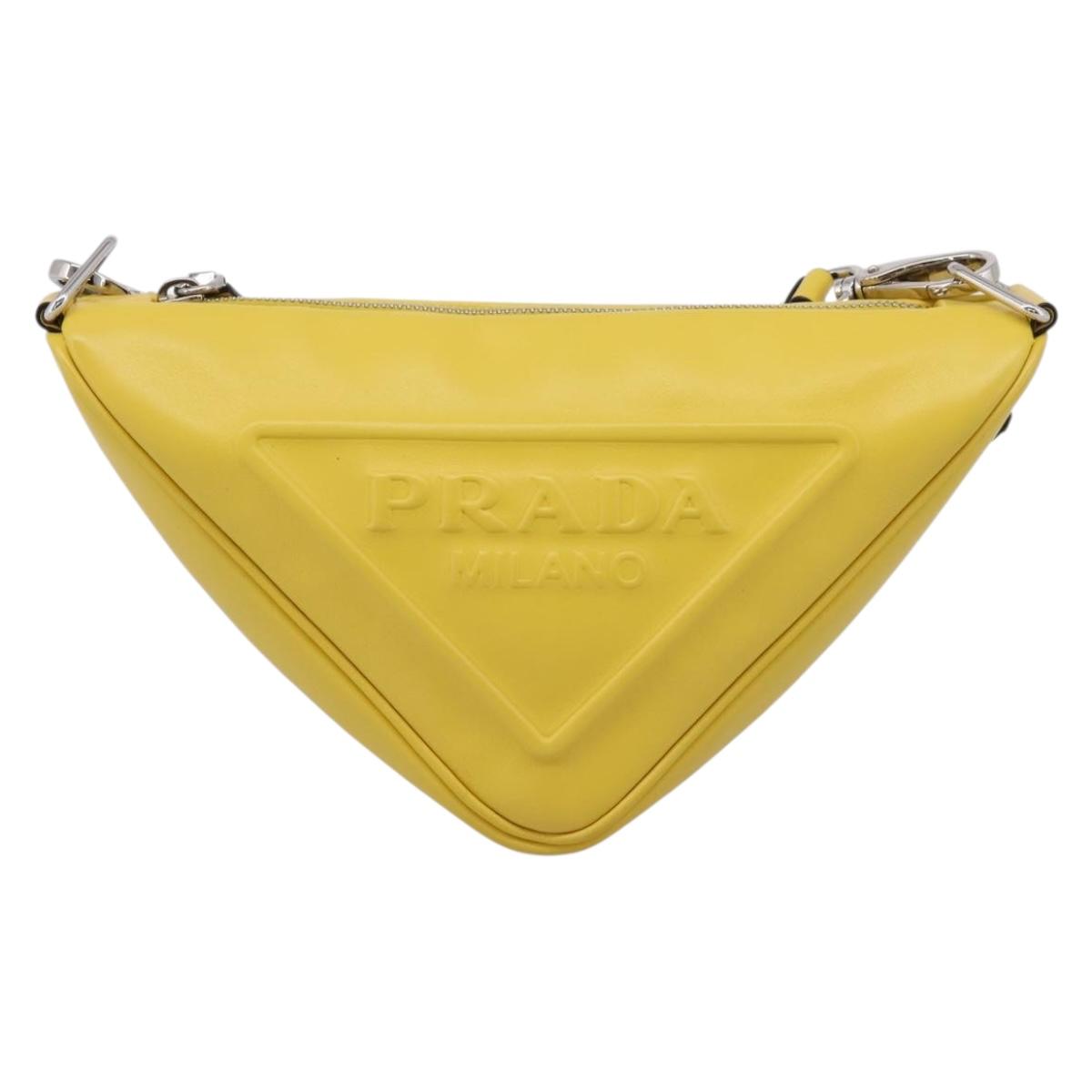 PRADA Triangle Shoulder Bag Leather Yellow Silver Auth ka6699M