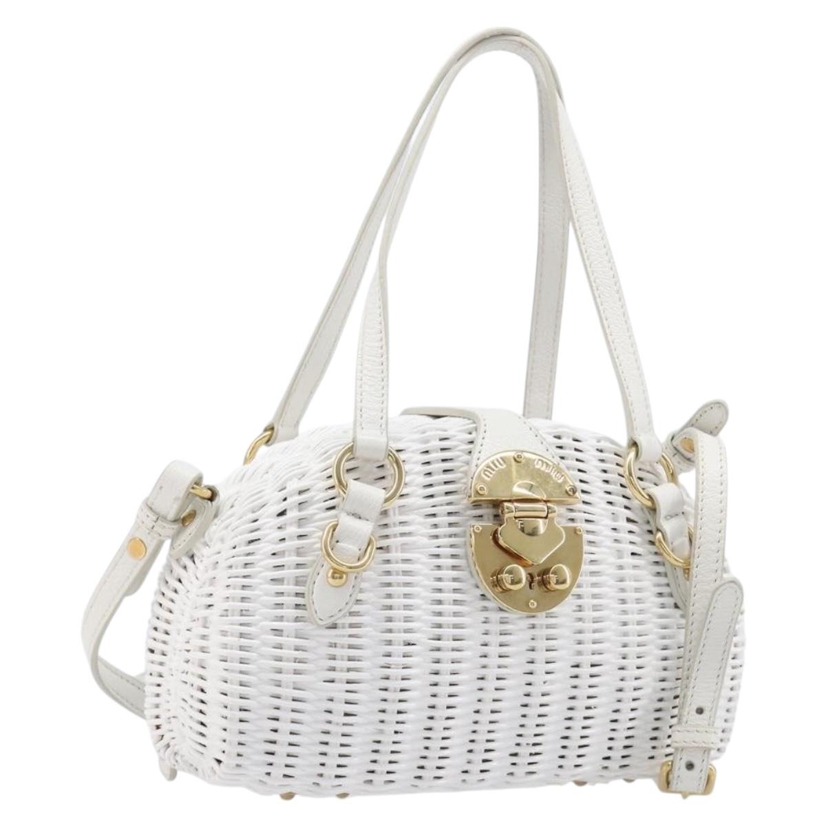 Miu Miu Wicker Hand Bag Raffia 2way White Gold Tone Auth ka6703M