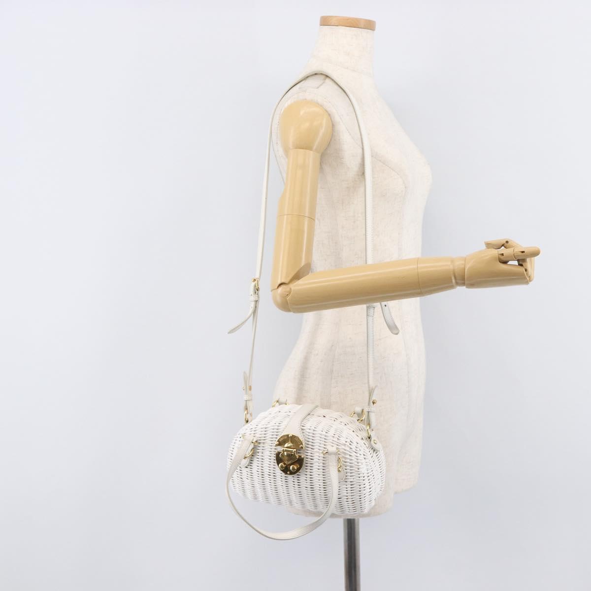 Miu Miu Wicker Hand Bag Raffia 2way White Gold Tone Auth ka6703M