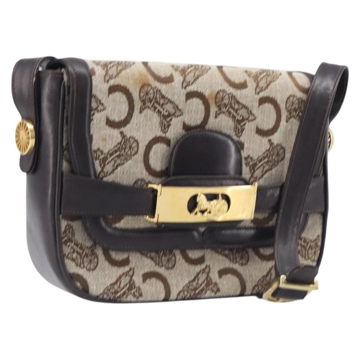 CELINE C Saluki Shoulder Bag Canvas Beige Gold Tone Auth ka6722