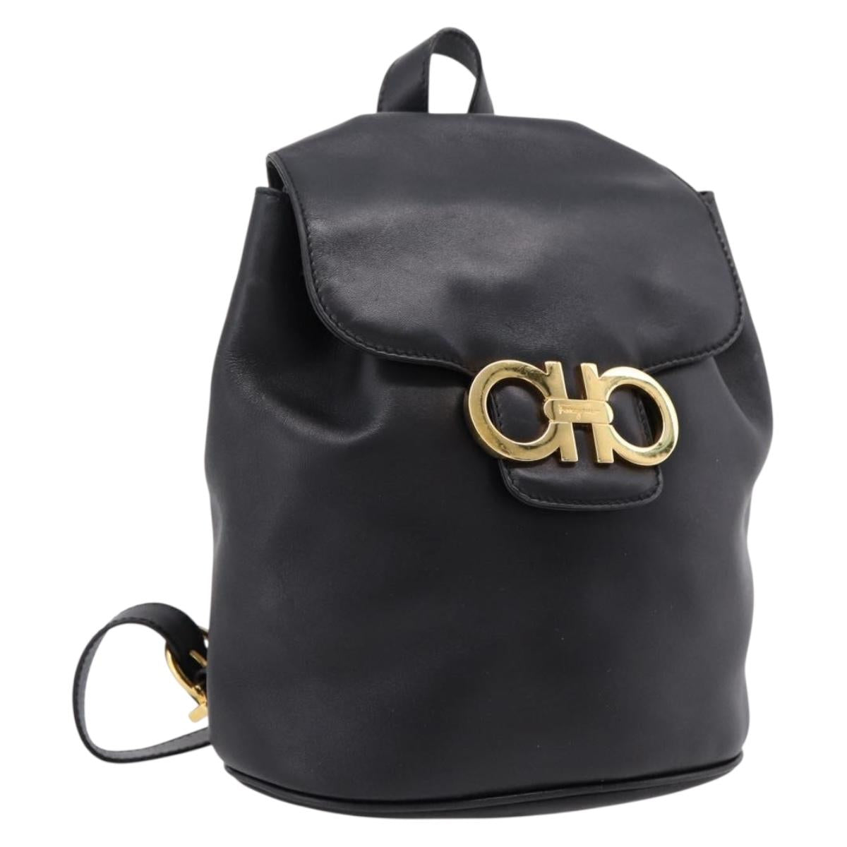 Salvatore Ferragamo Gancini Backpack Leather Black Gold Tone Auth ka6723