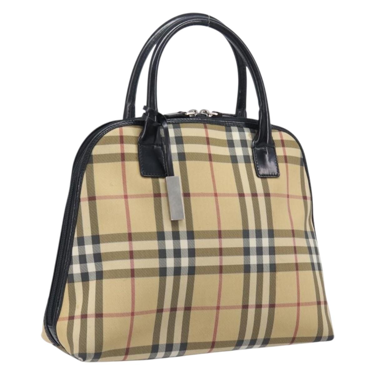 BURBERRY Nova Check Hand Bag PVC Leather Beige Silver Auth ka6732A