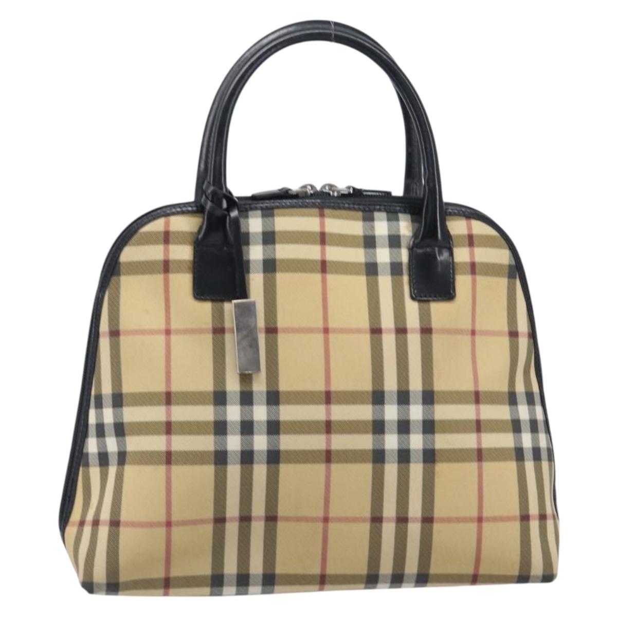 BURBERRY Nova Check Hand Bag PVC Leather Beige Silver Auth ka6732A