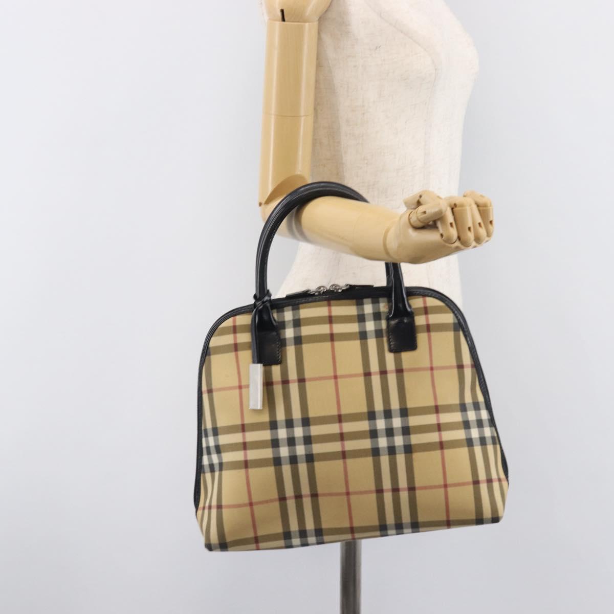 BURBERRY Nova Check Hand Bag PVC Leather Beige Silver Auth ka6732A
