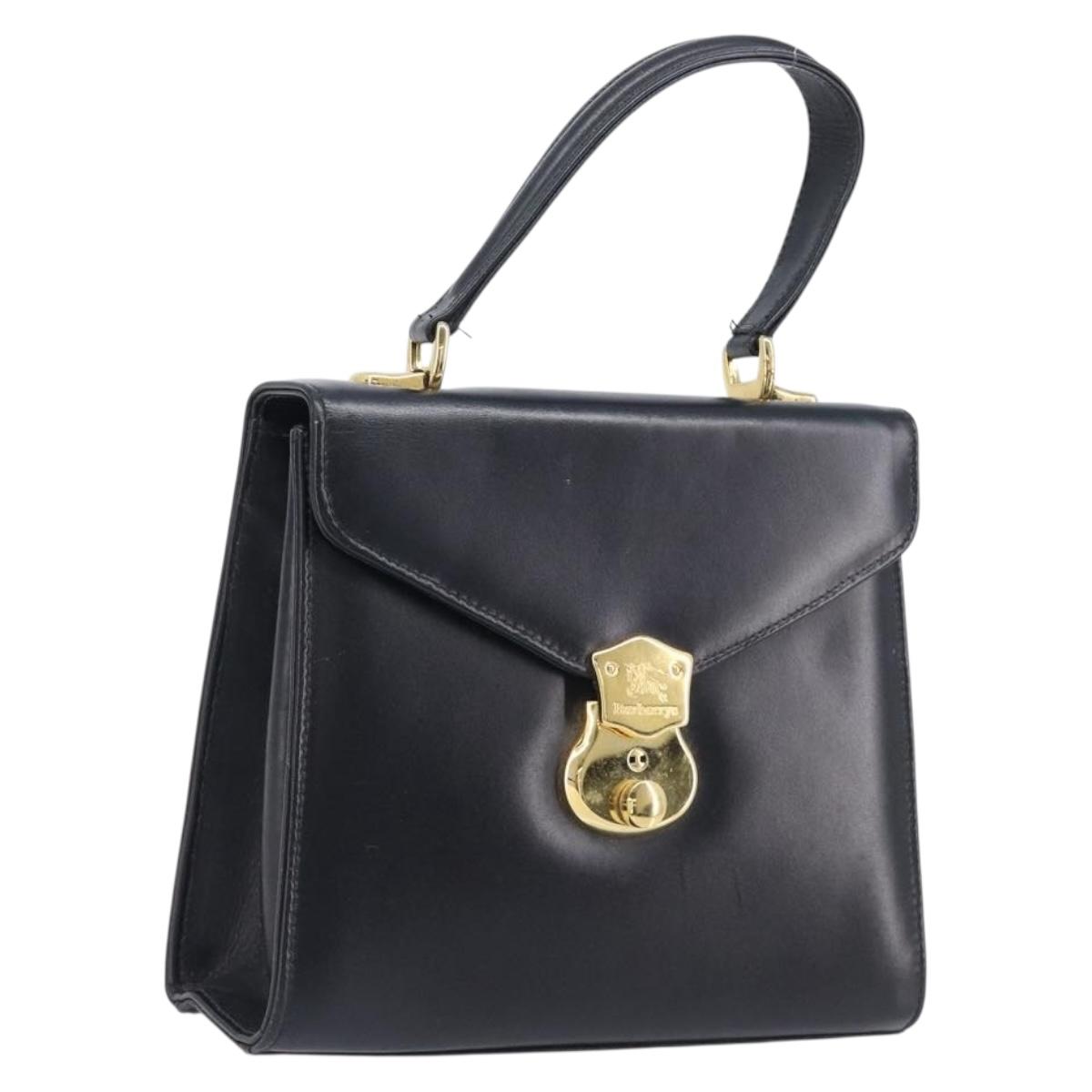 Burberrys Hand Bag Leather Black Gold Tone Auth ka6735