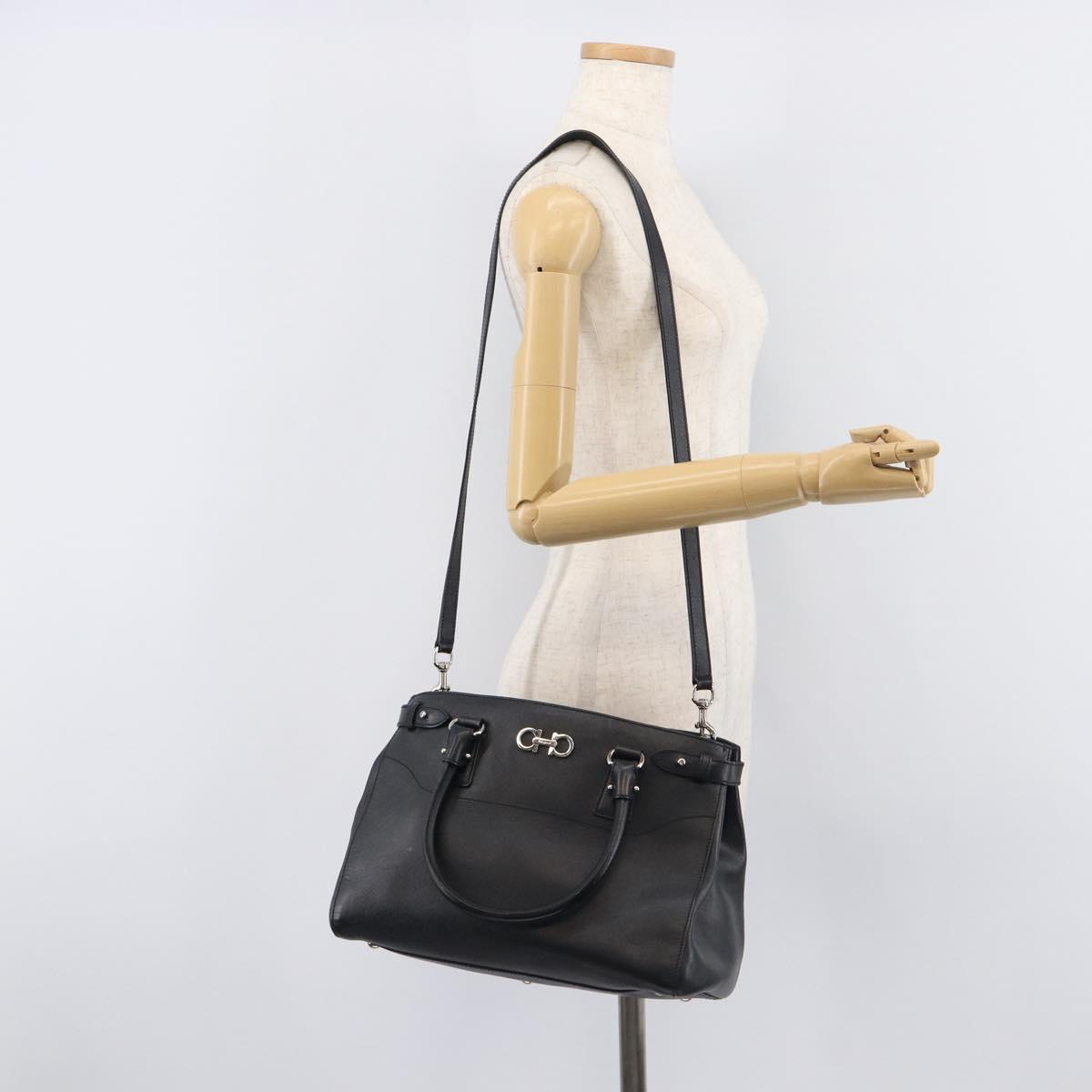 Salvatore Ferragamo Gancini Hand Bag Leather Black Silver Auth ka6755