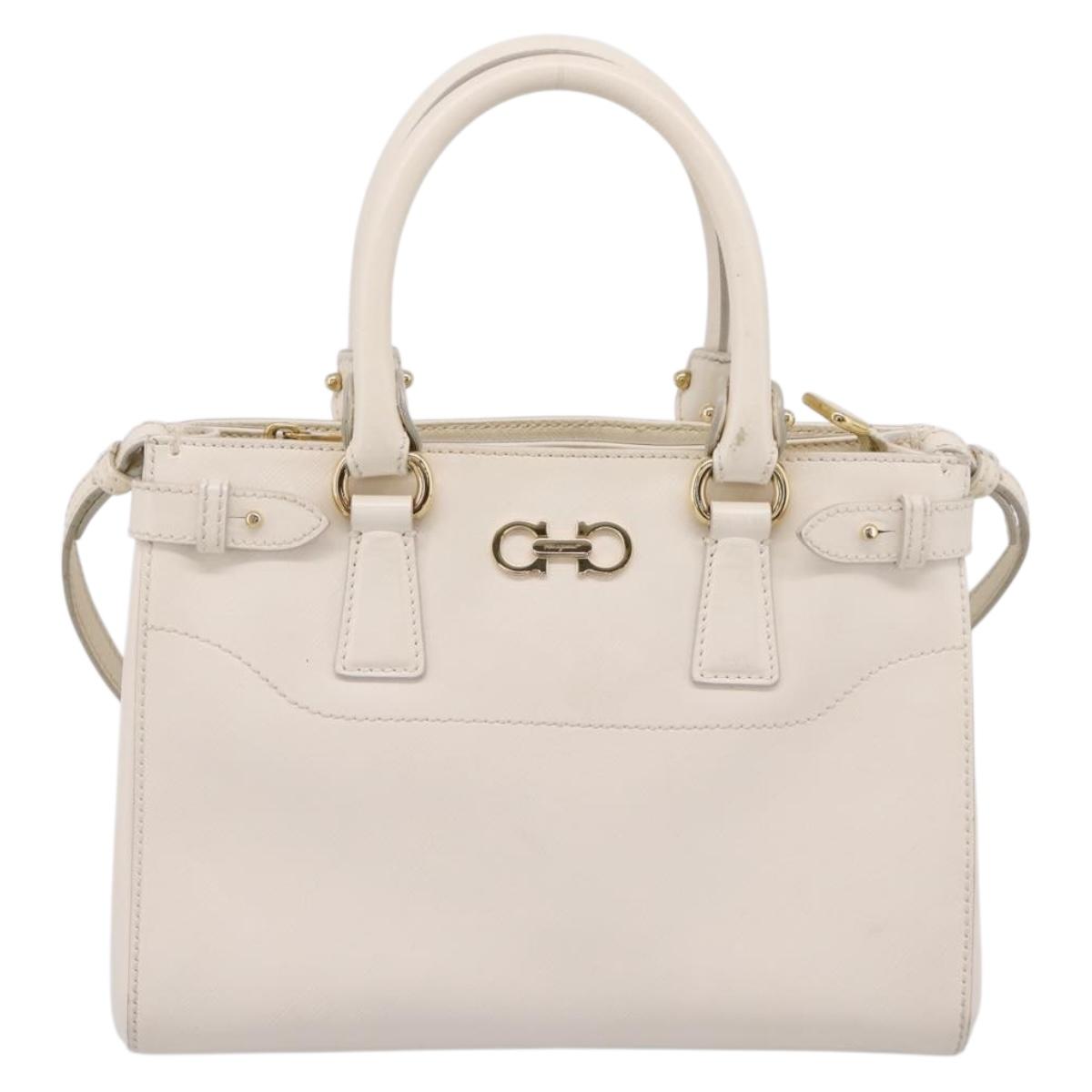 Salvatore Ferragamo Gancini Hand Bag Leather 2way White Gold Tone Auth ka6758