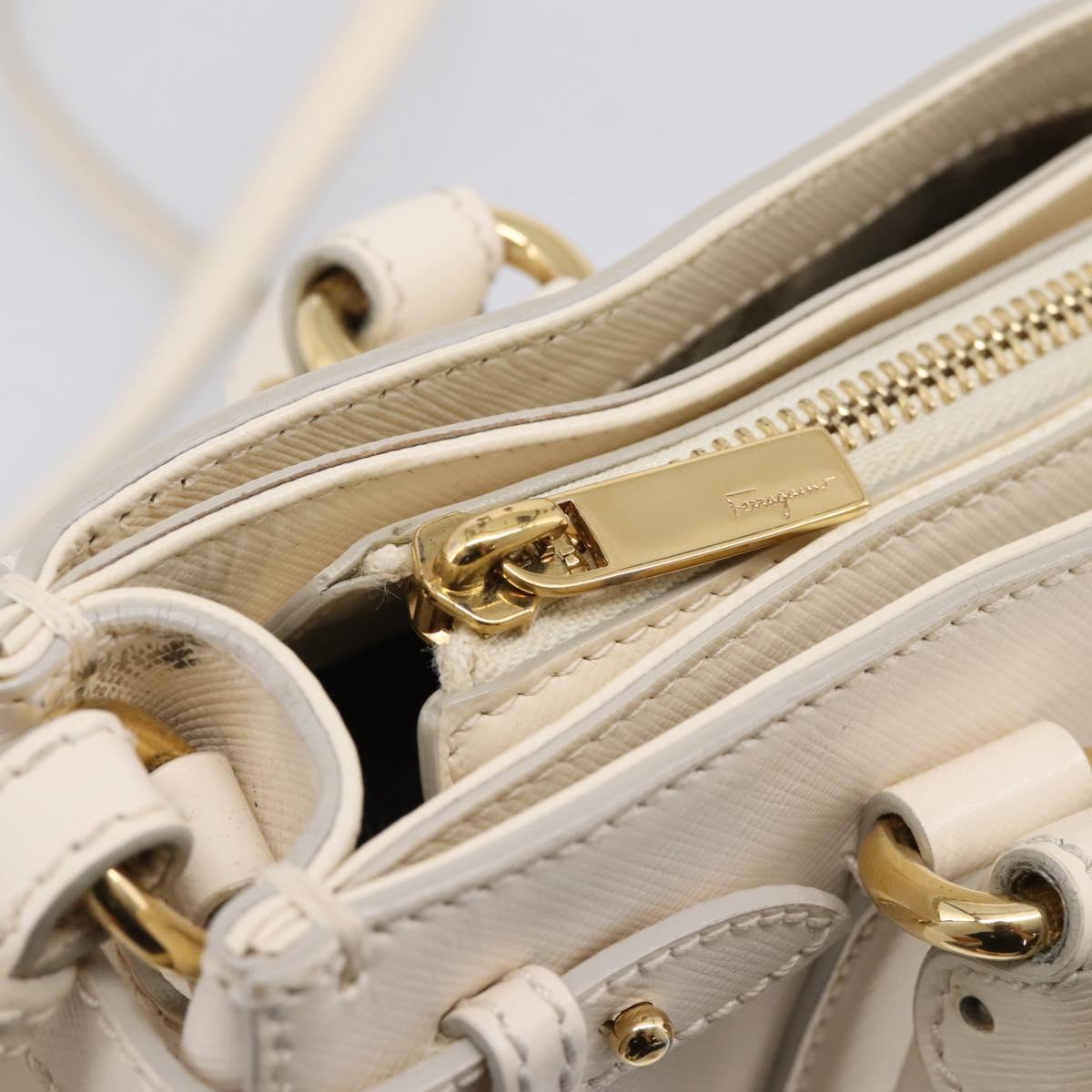 Salvatore Ferragamo Gancini Hand Bag Leather 2way White Gold Tone Auth ka6758