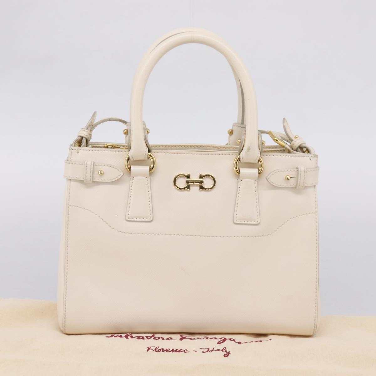 Salvatore Ferragamo Gancini Hand Bag Leather 2way White Gold Tone Auth ka6758
