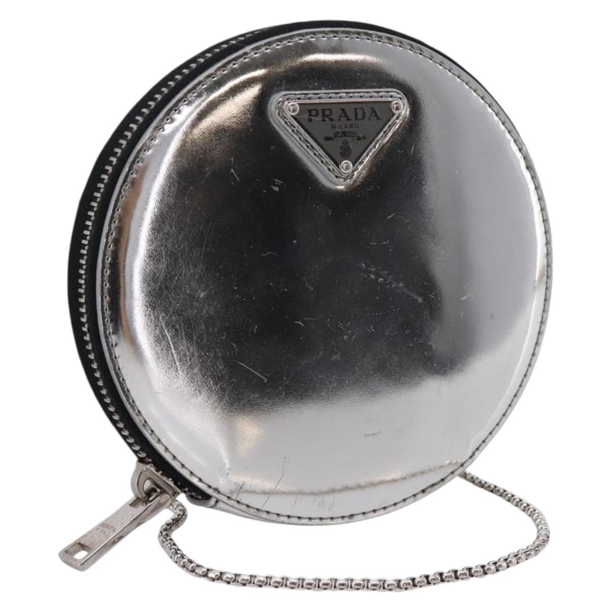 PRADA Chain Shoulder Coin Purse Leather Silver Auth ka6773A