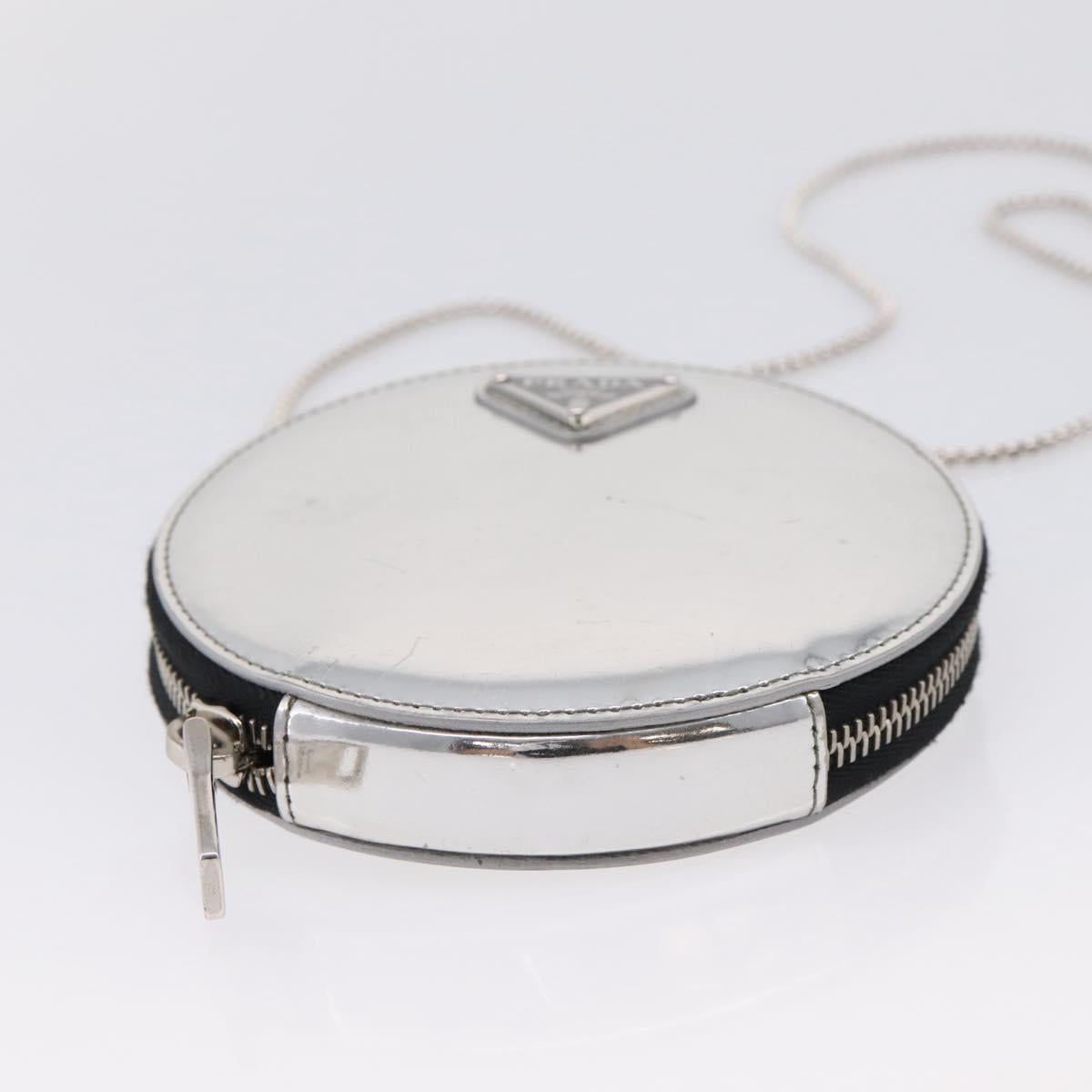 PRADA Chain Shoulder Coin Purse Leather Silver Auth ka6773A