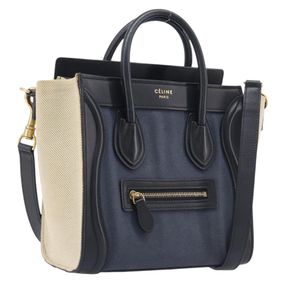 CELINE Luggage Nano Shopper Hand Bag Canvas 2way Navy Black Auth ka6779A