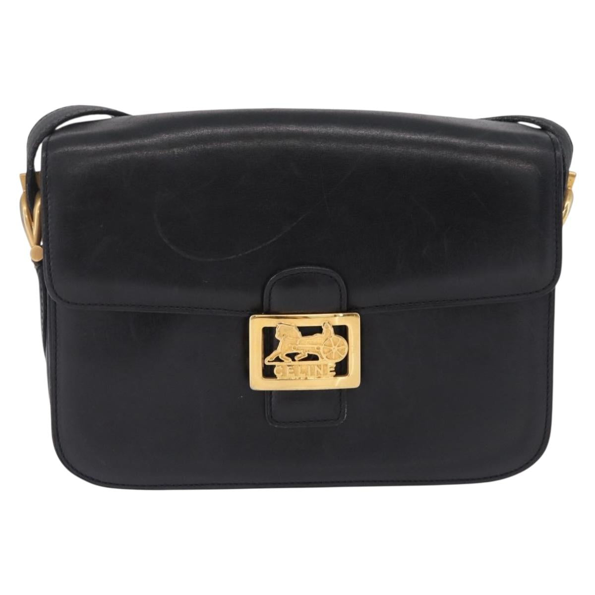 CELINE Horse Carriage Shoulder Bag Leather Black Gold Auth ka6798