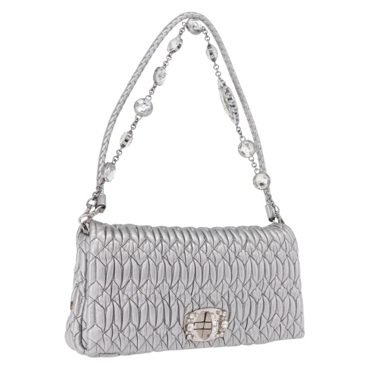 Miu Miu Matelasse Shoulder Bag Leather Silver Auth ka6801V
