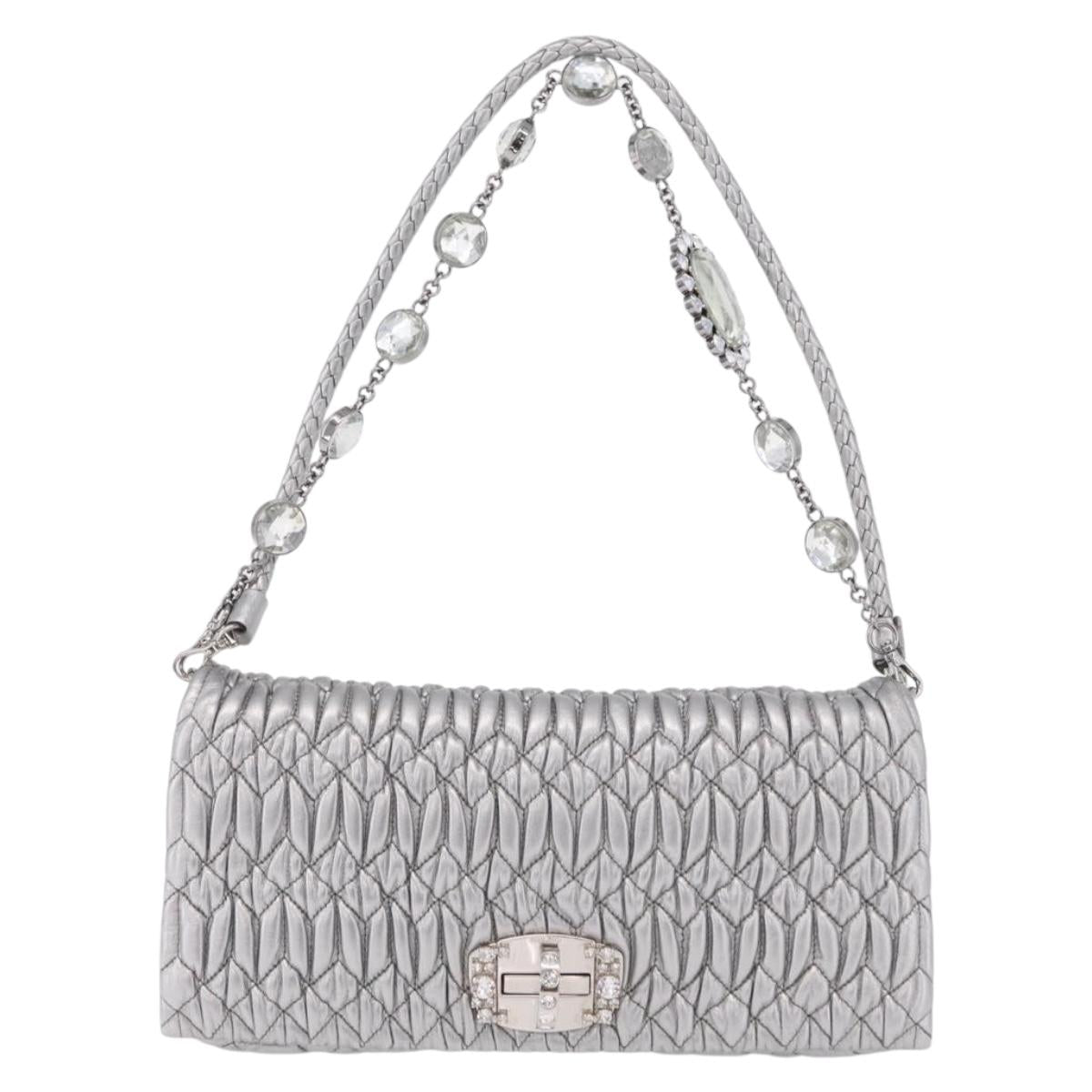 Miu Miu Matelasse Shoulder Bag Leather Silver Auth ka6801V