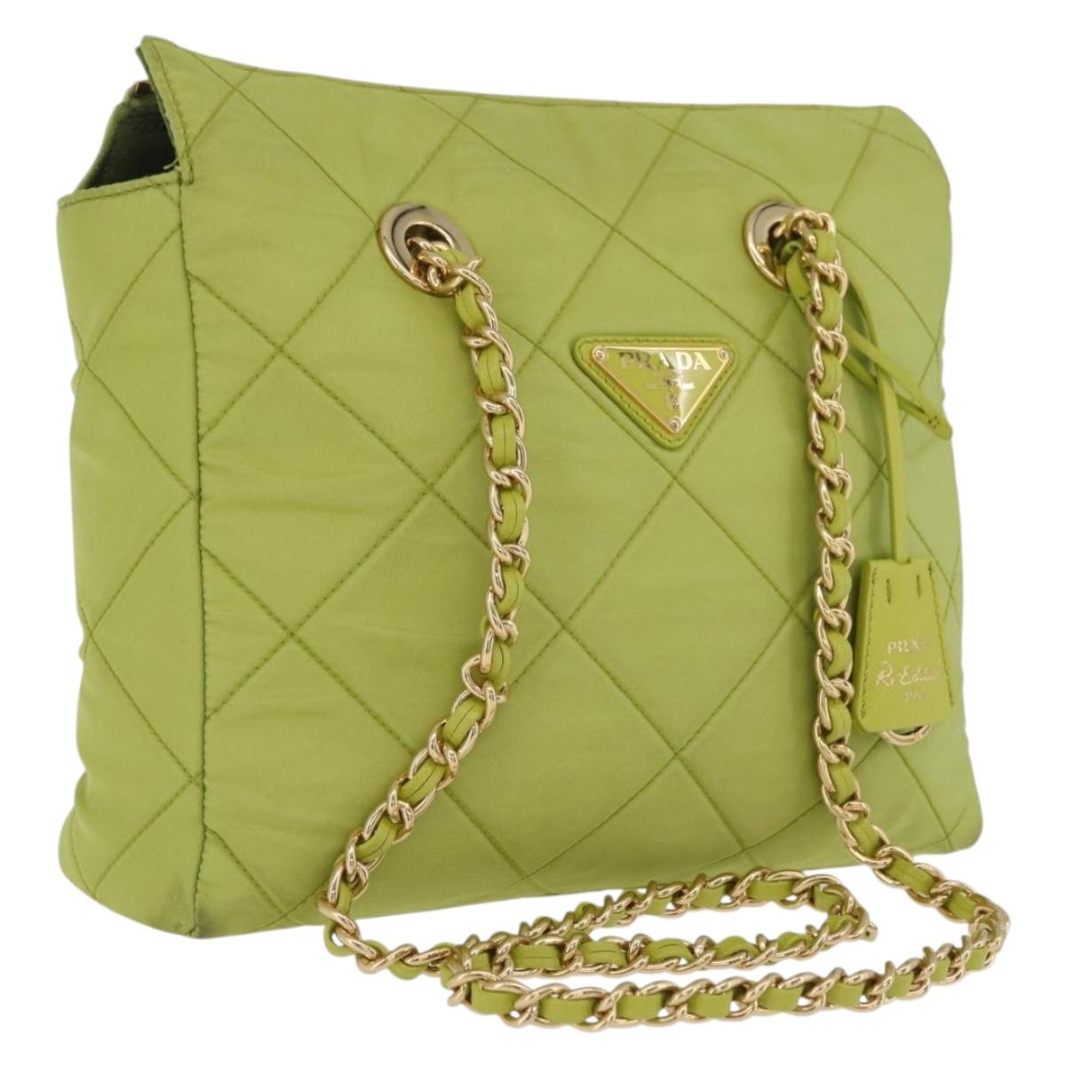 PRADA Chain Shoulder Bag Nylon LIme Green Gold Auth ka6808V