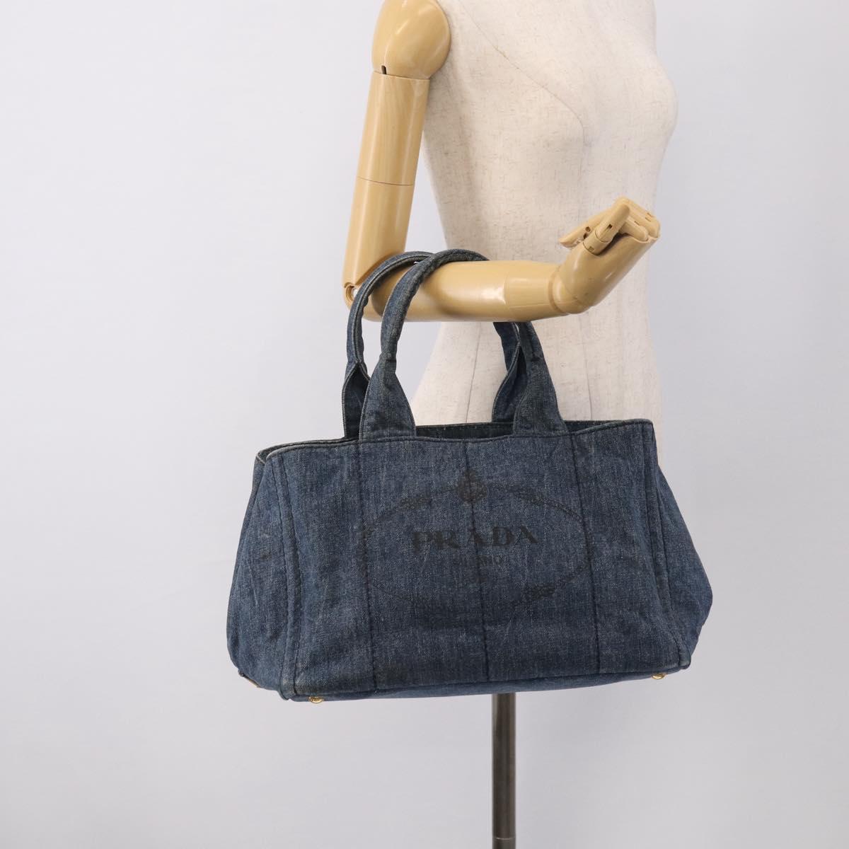 PRADA Canapa MM Hand Bag Denim Blue Gold Auth ka6817