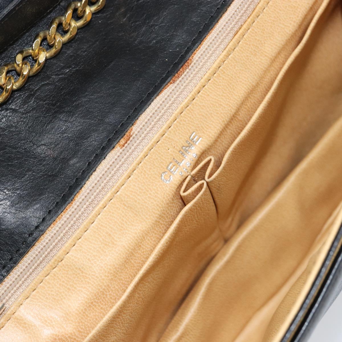 CELINE Chain Shoulder Bag Leather Black Gold Auth ka682