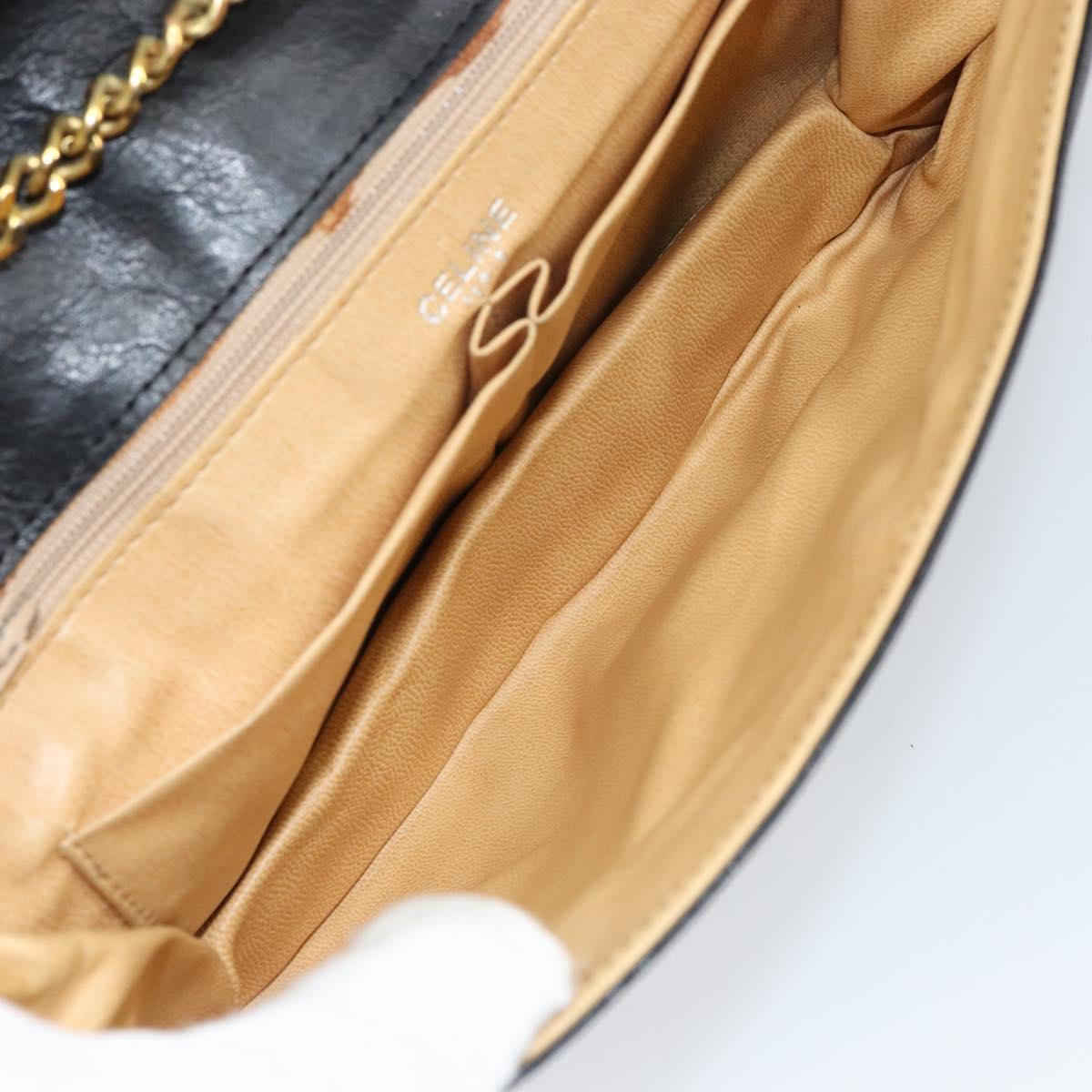 CELINE Chain Shoulder Bag Leather Black Gold Auth ka682