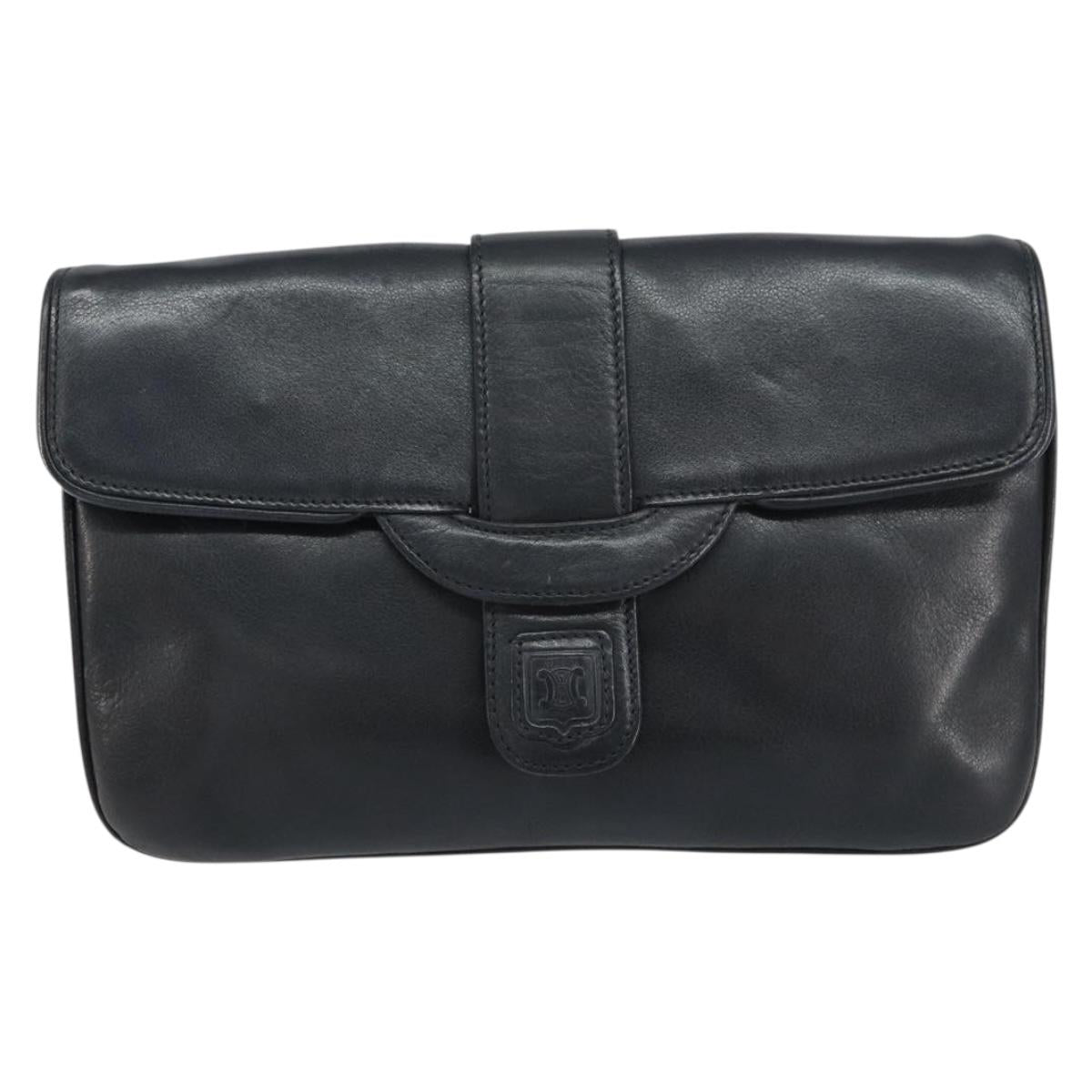 CELINE Chain Shoulder Bag Leather Black Gold Auth ka682