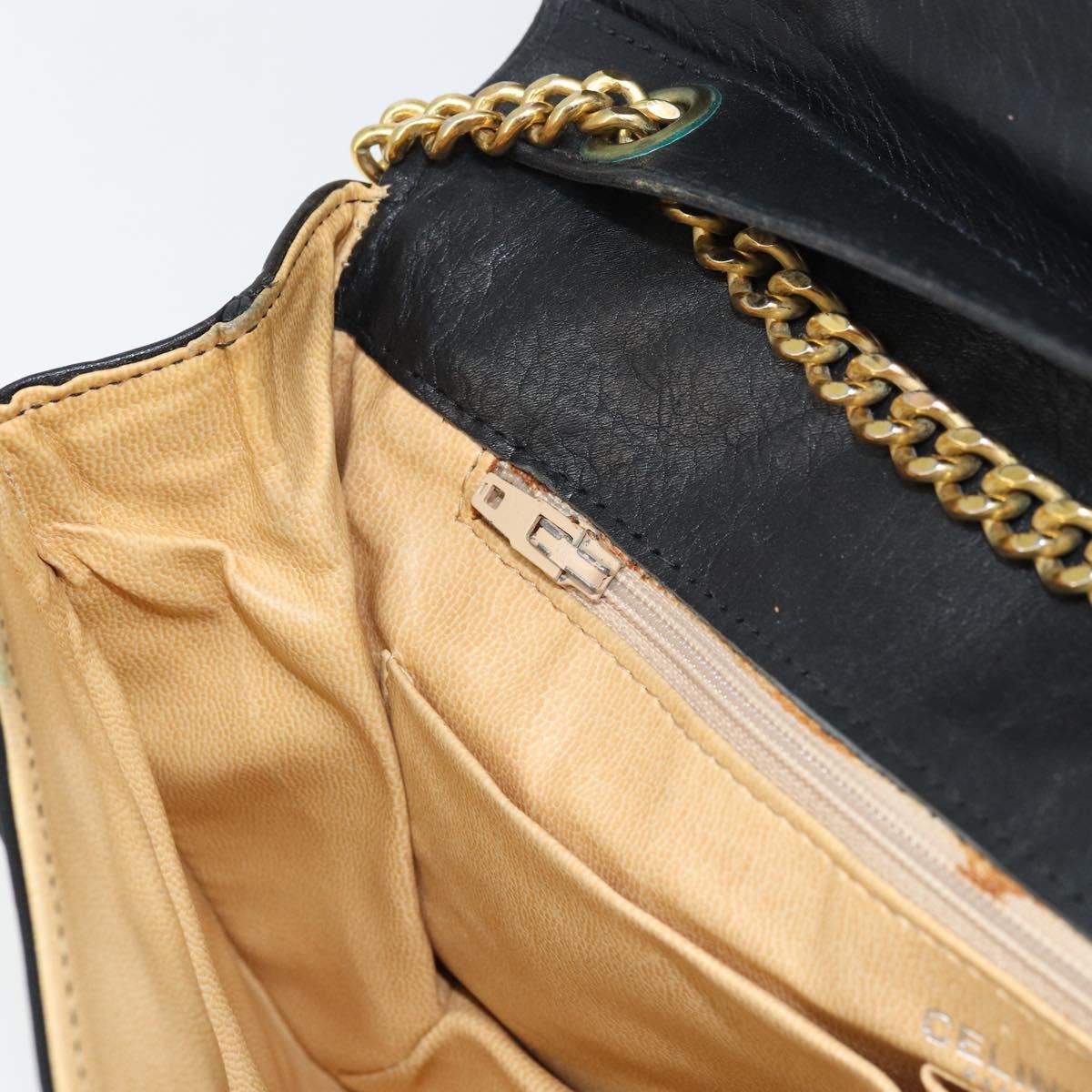CELINE Chain Shoulder Bag Leather Black Gold Auth ka682