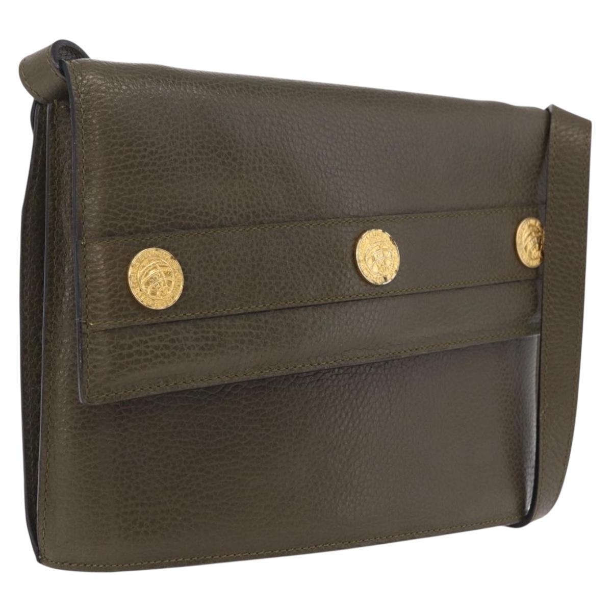 CELINE Shoulder Bag Leather Khaki Gold Auth ka6840