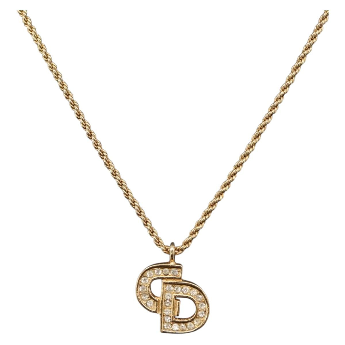 Christian Dior Rhinestone Necklace metal Gold Tone Auth ka6848
