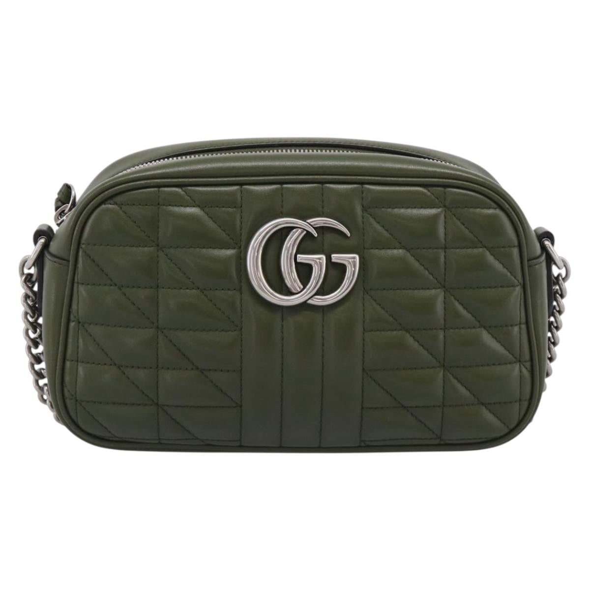 GUCCI GG Marmont Chain Shoulder Bag Leather Khaki Silver 447632 Auth ka6867V