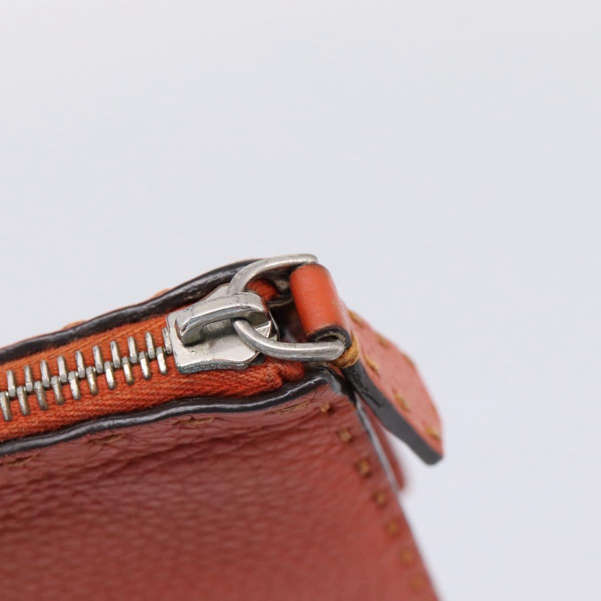 FENDI Celeria Clutch Bag Leather Orange Silver Auth ka6886