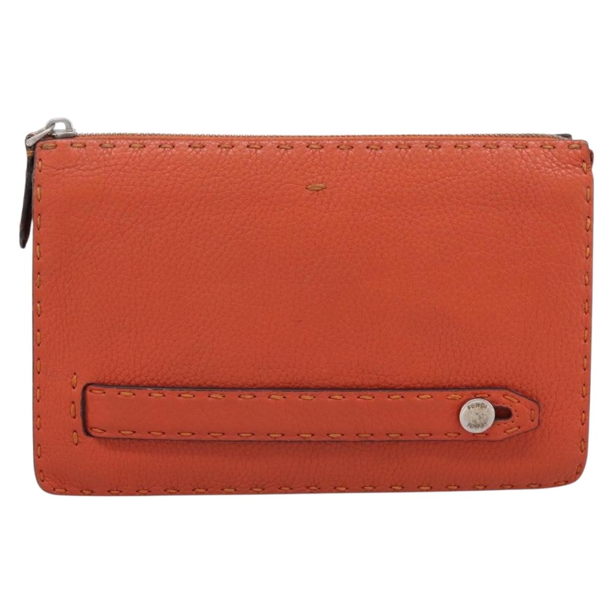 FENDI Celeria Clutch Bag Leather Orange Silver Auth ka6886