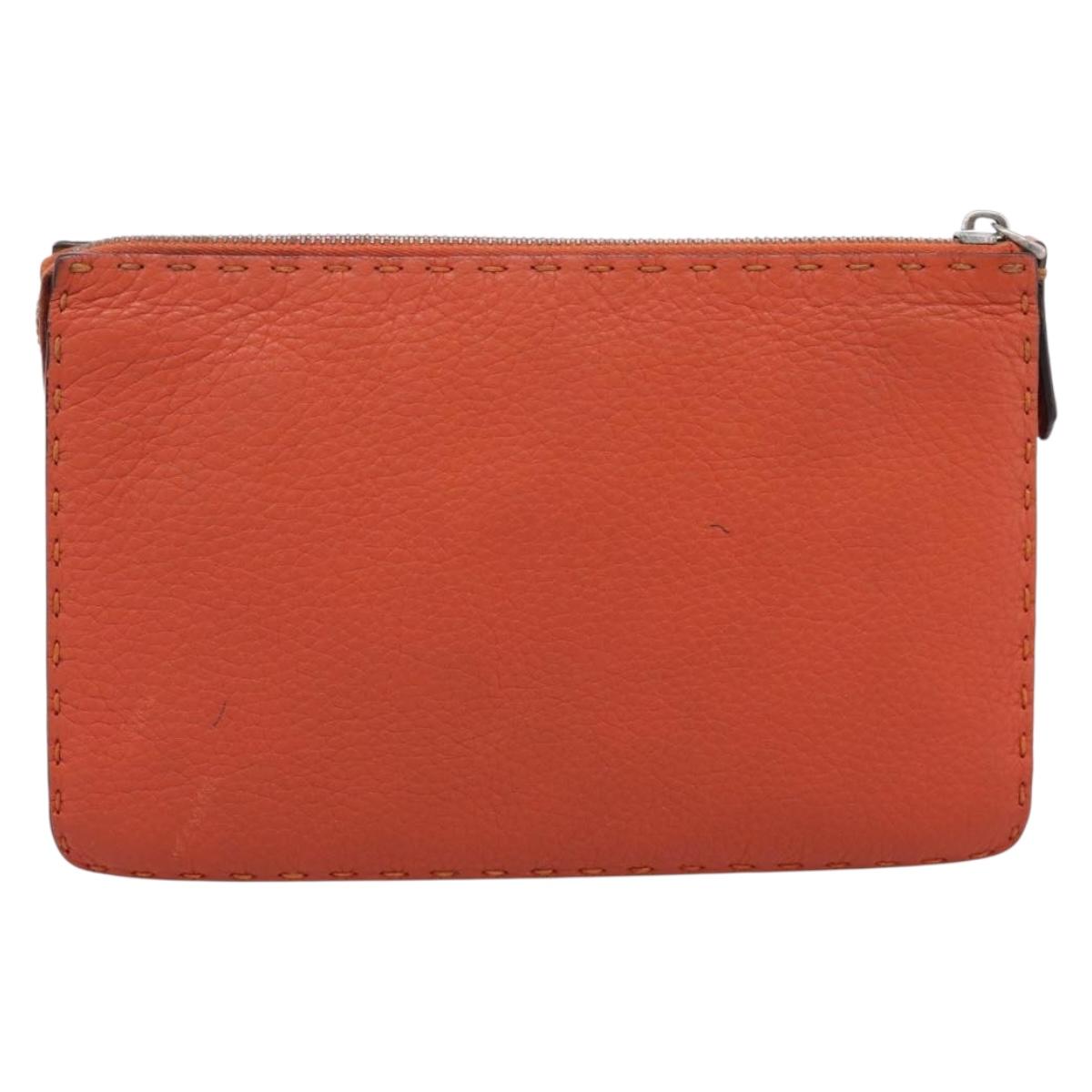 FENDI Celeria Clutch Bag Leather Orange Silver Auth ka6886