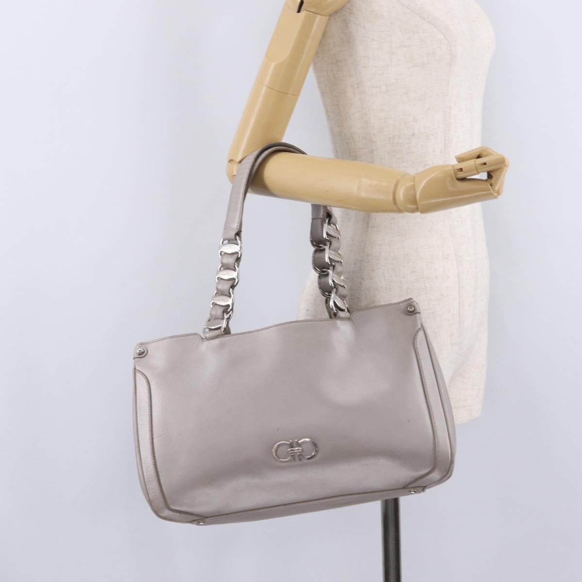 Salvatore Ferragamo Gancini Tote Bag Leather Beige Silver Auth ka6889