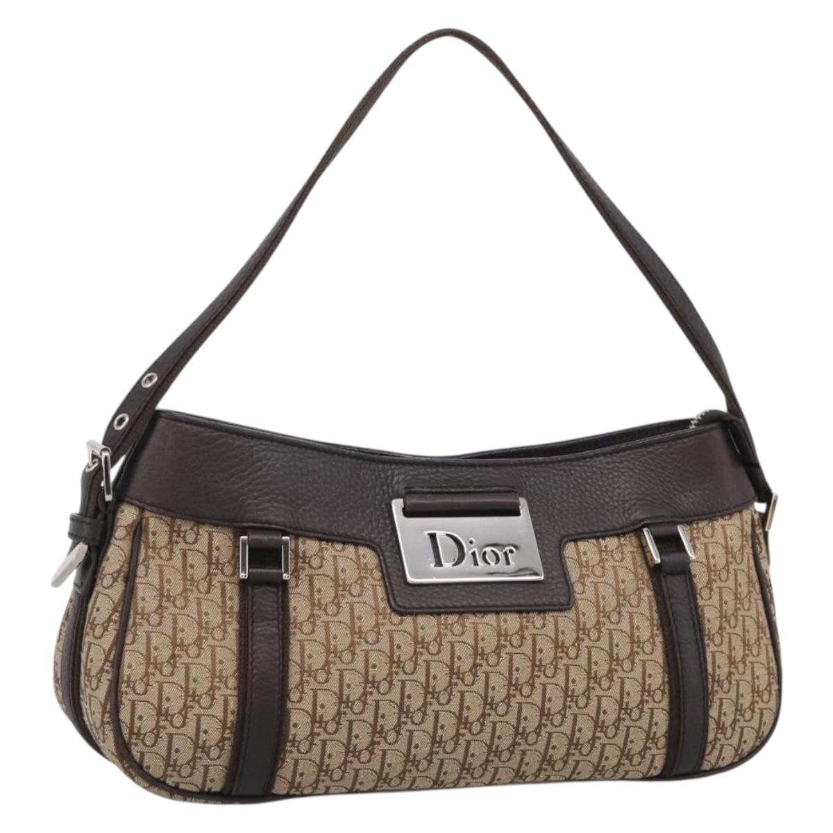Christian Dior Trotter Canvas Street Chic Shoulder Bag Beige Silver Auth ka6893V