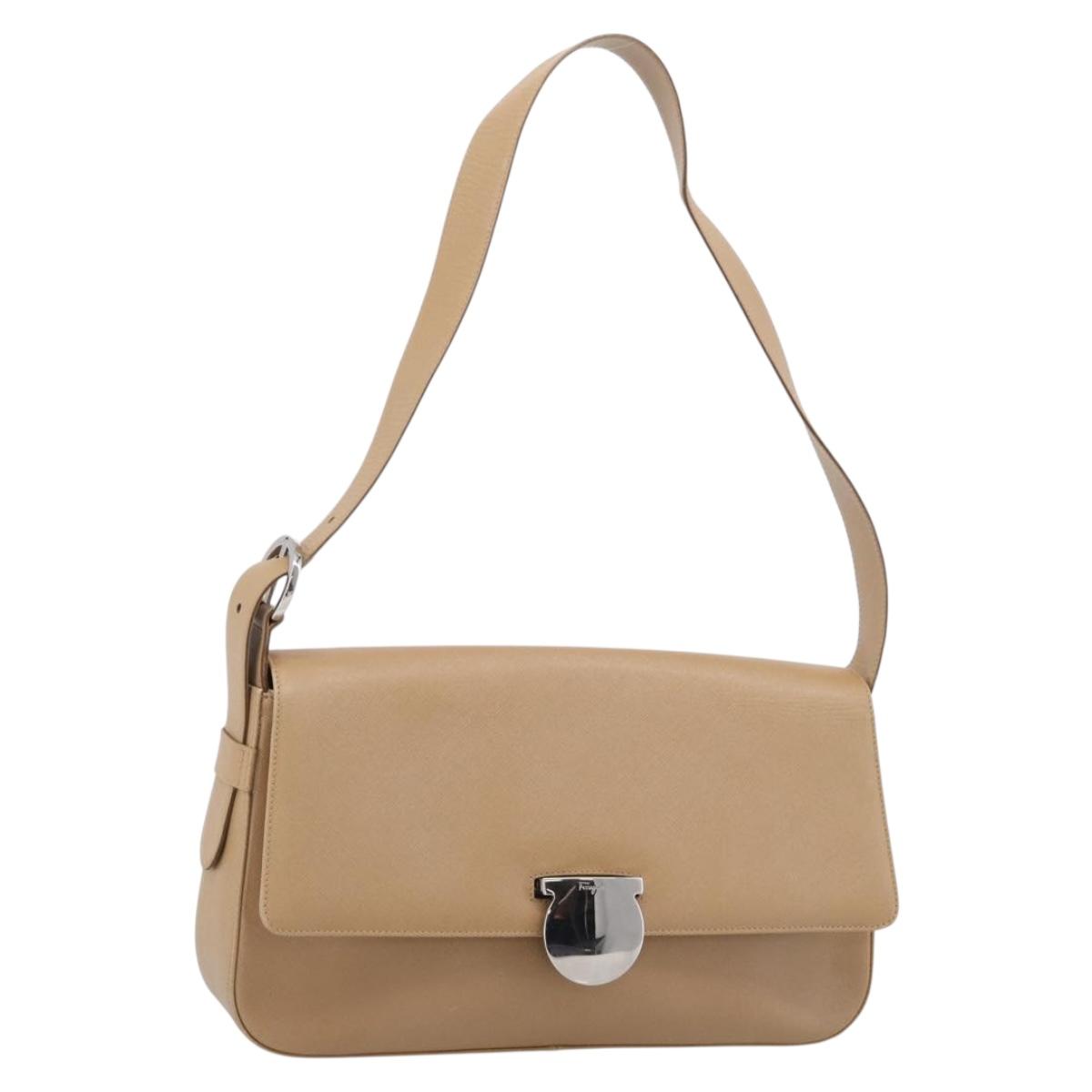 Salvatore Ferragamo Shoulder Bag Leather Beige Silver Auth ka6906