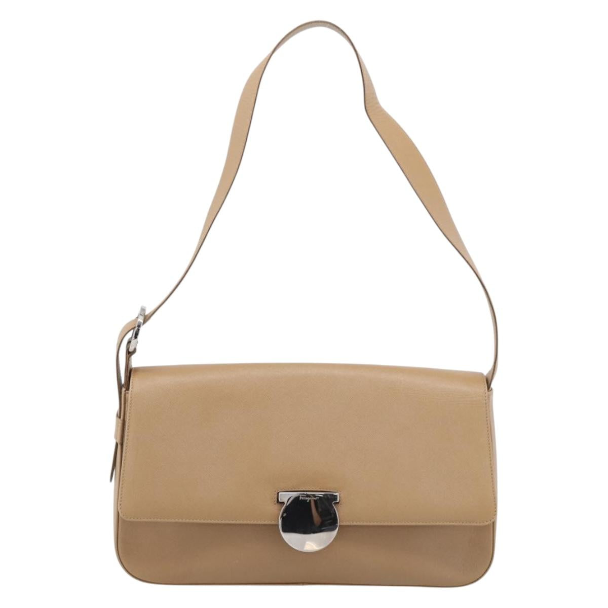 Salvatore Ferragamo Shoulder Bag Leather Beige Silver Auth ka6906