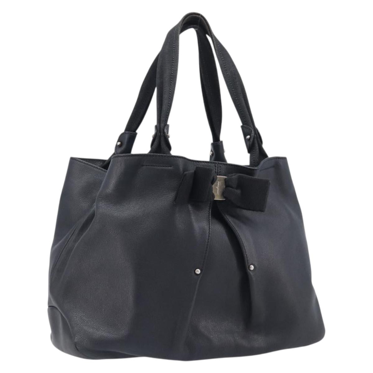 Salvatore Ferragamo Vara Ribbon Hand Bag Leather Black Gold Auth ka6913