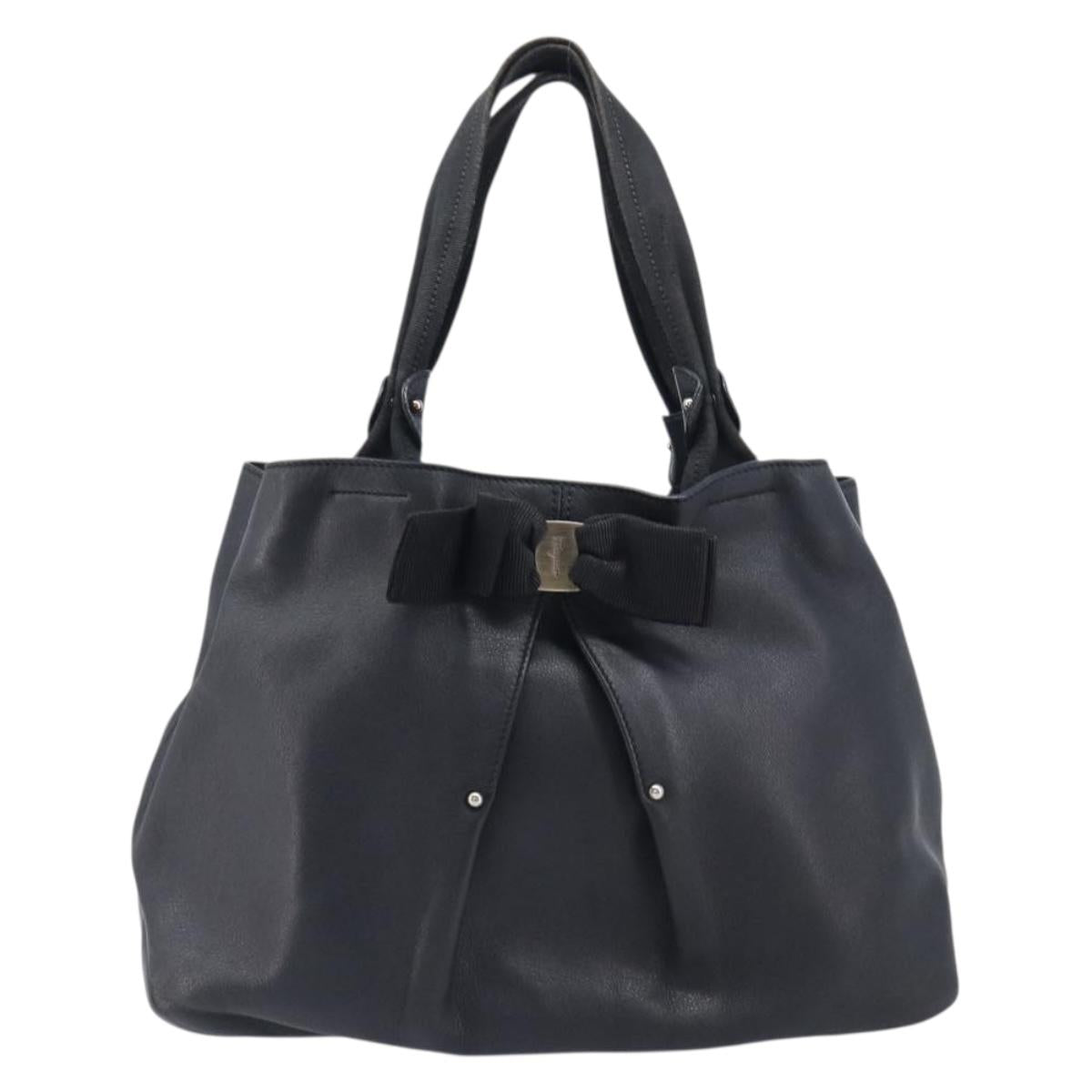 Salvatore Ferragamo Vara Ribbon Hand Bag Leather Black Gold Auth ka6913