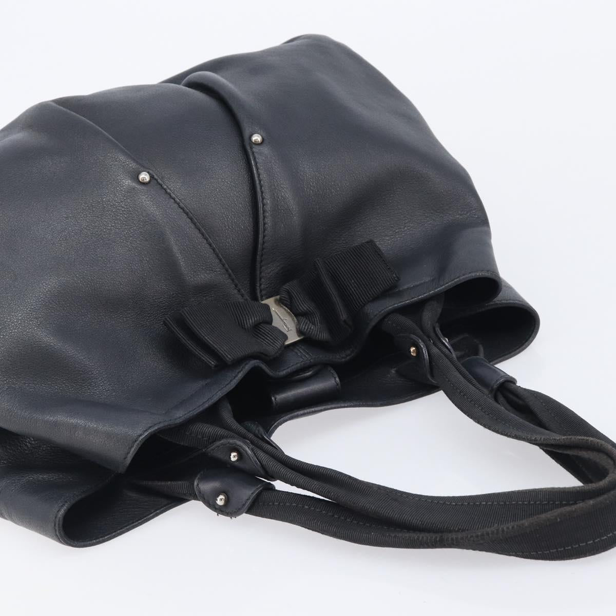 Salvatore Ferragamo Vara Ribbon Hand Bag Leather Black Gold Auth ka6913