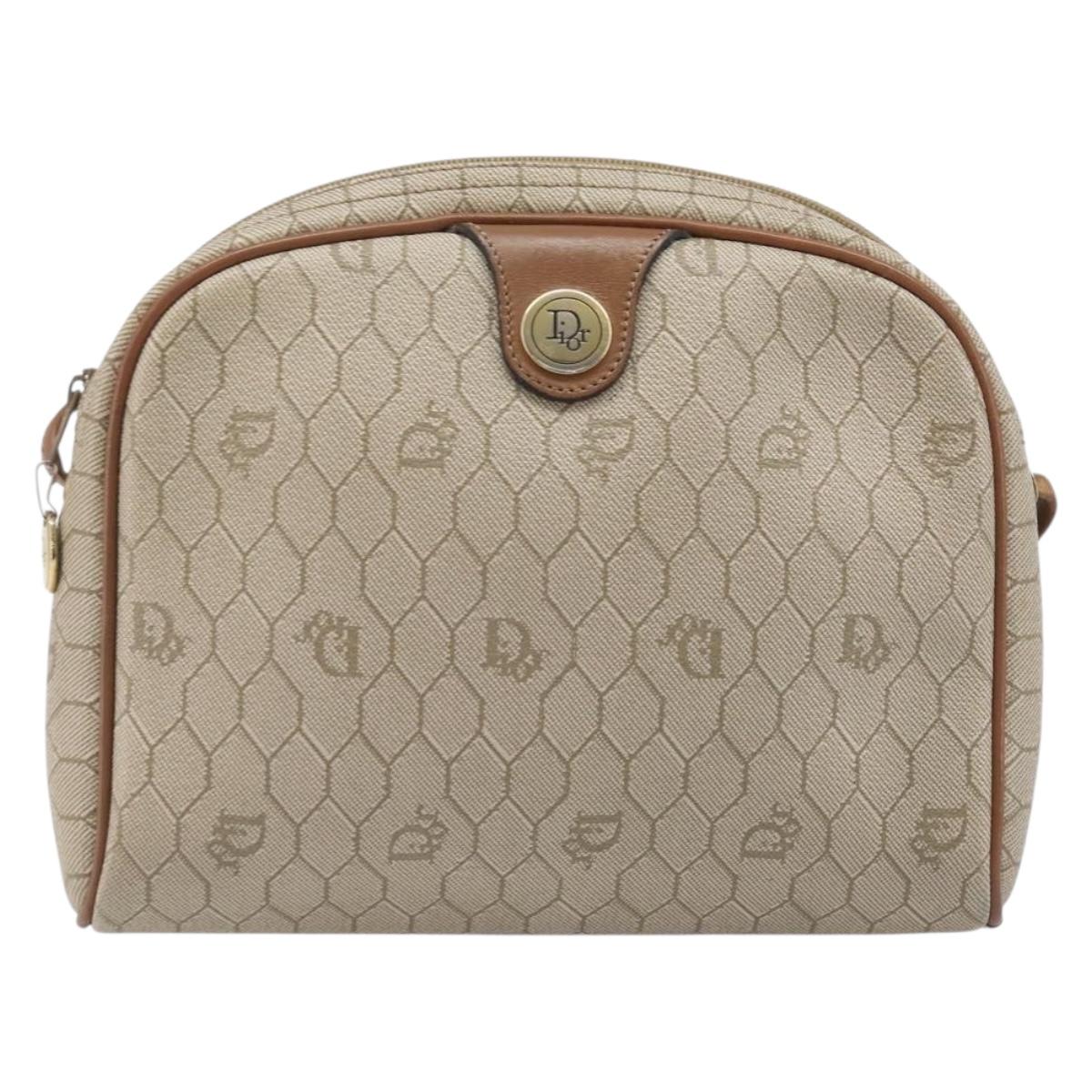 Christian Dior Honeycomb Canvas Shoulder Bag PVC Beige Gold Auth ka6916