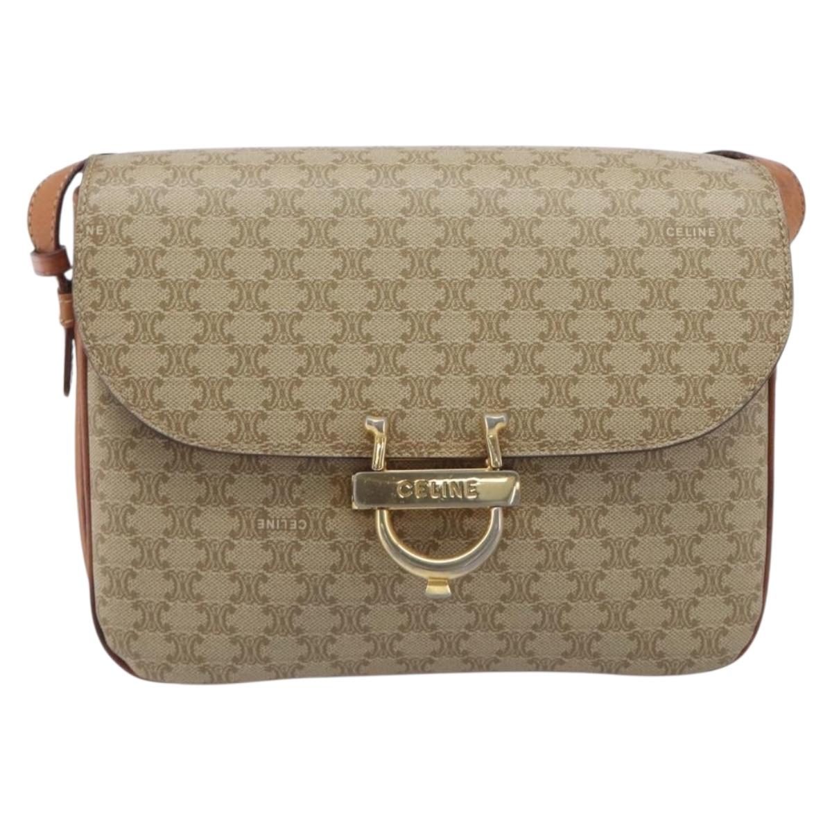 CELINE Macadam Canvas Shoulder Bag PVC Beige Gold Auth ka6919