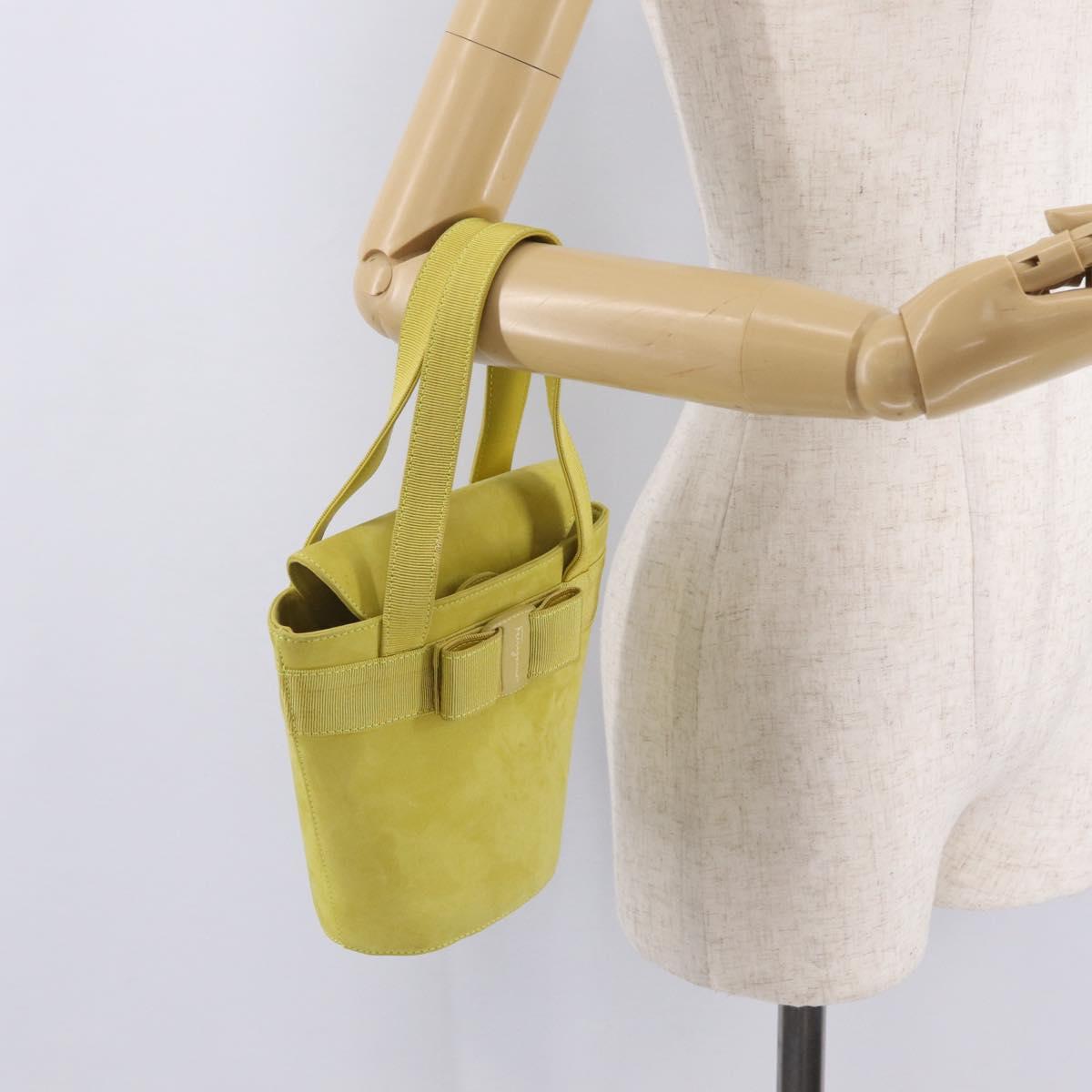 Salvatore Ferragamo Vara Ribbon Hand Bag Suede Yellow Silver Auth ka6920