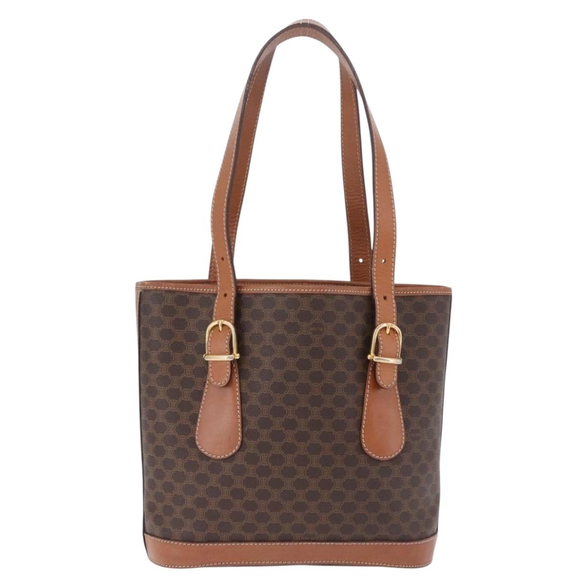 CELINE Macadam Canvas Tote Bag PVC Leather Brown Gold Auth ka6921