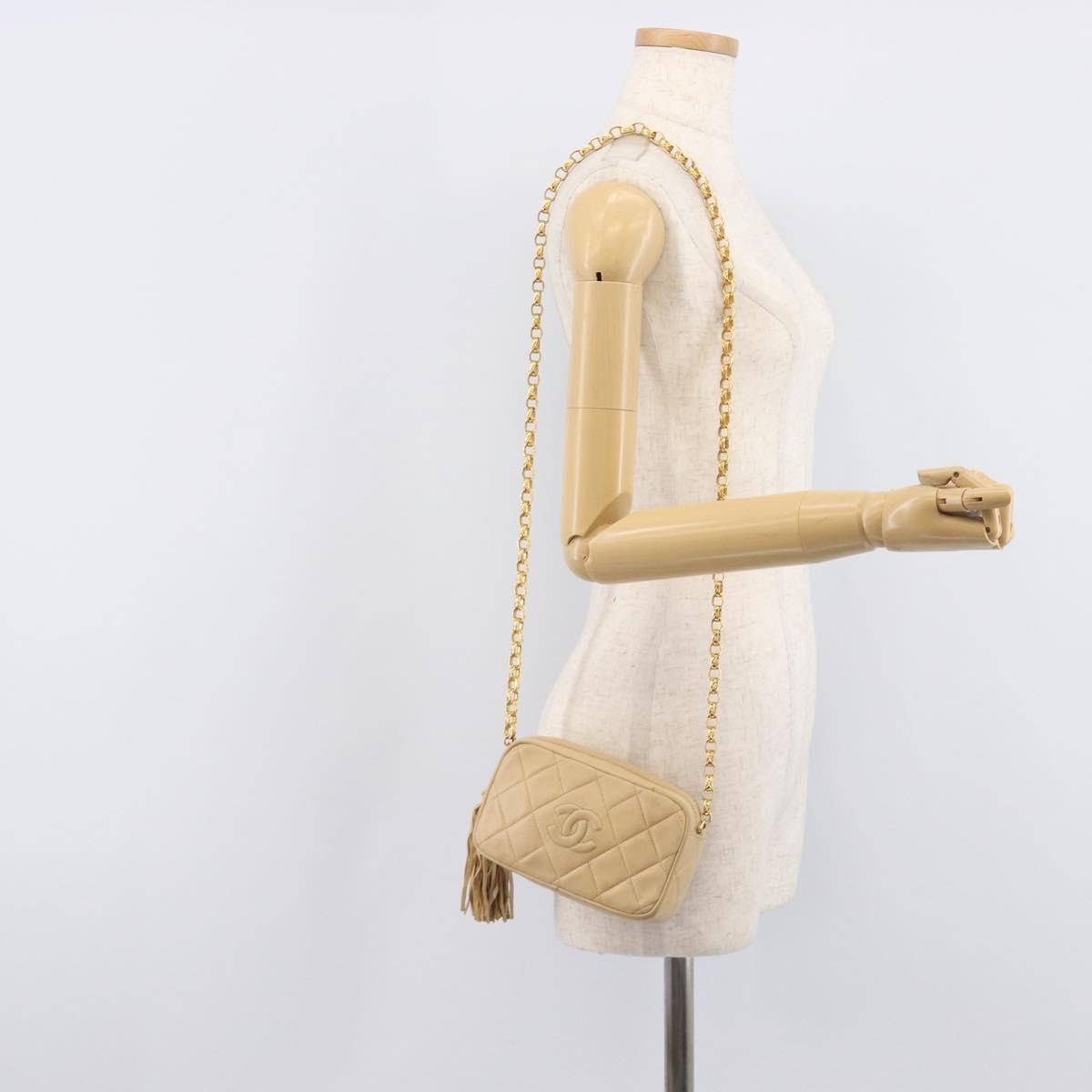 CHANEL Matelasse Chain Shoulder Bag Lamb Skin Beige Gold CC Auth ka6924A