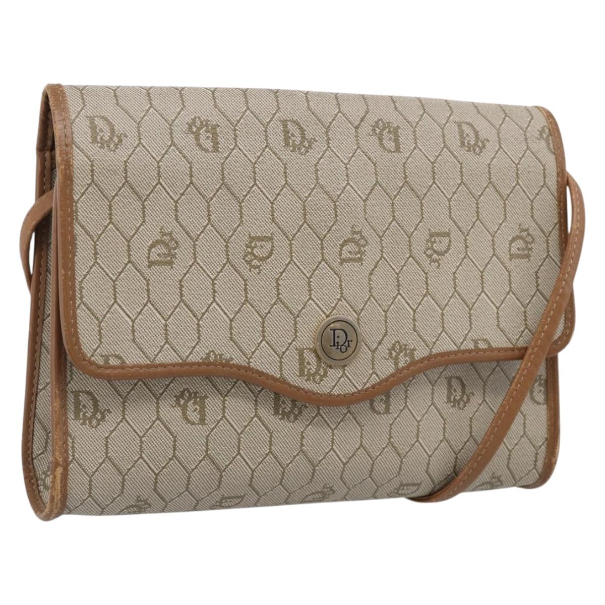 Christian Dior Honeycomb Canvas Shoulder Bag PVC Beige Gold Auth ka6925