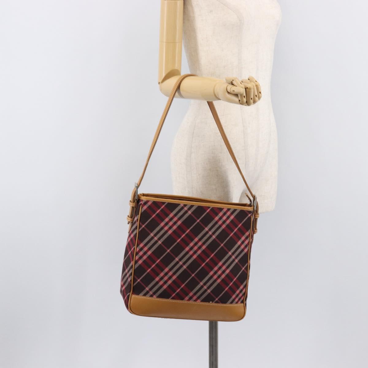 BURBERRY Nova Check Blue Label Shoulder Bag Canvas Red Silver Auth ka6927