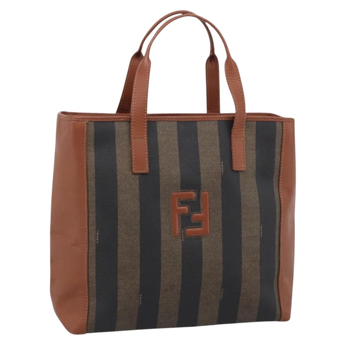 FENDI Pequin Canvas Hand Bag PVC Black Brown Auth ka6932