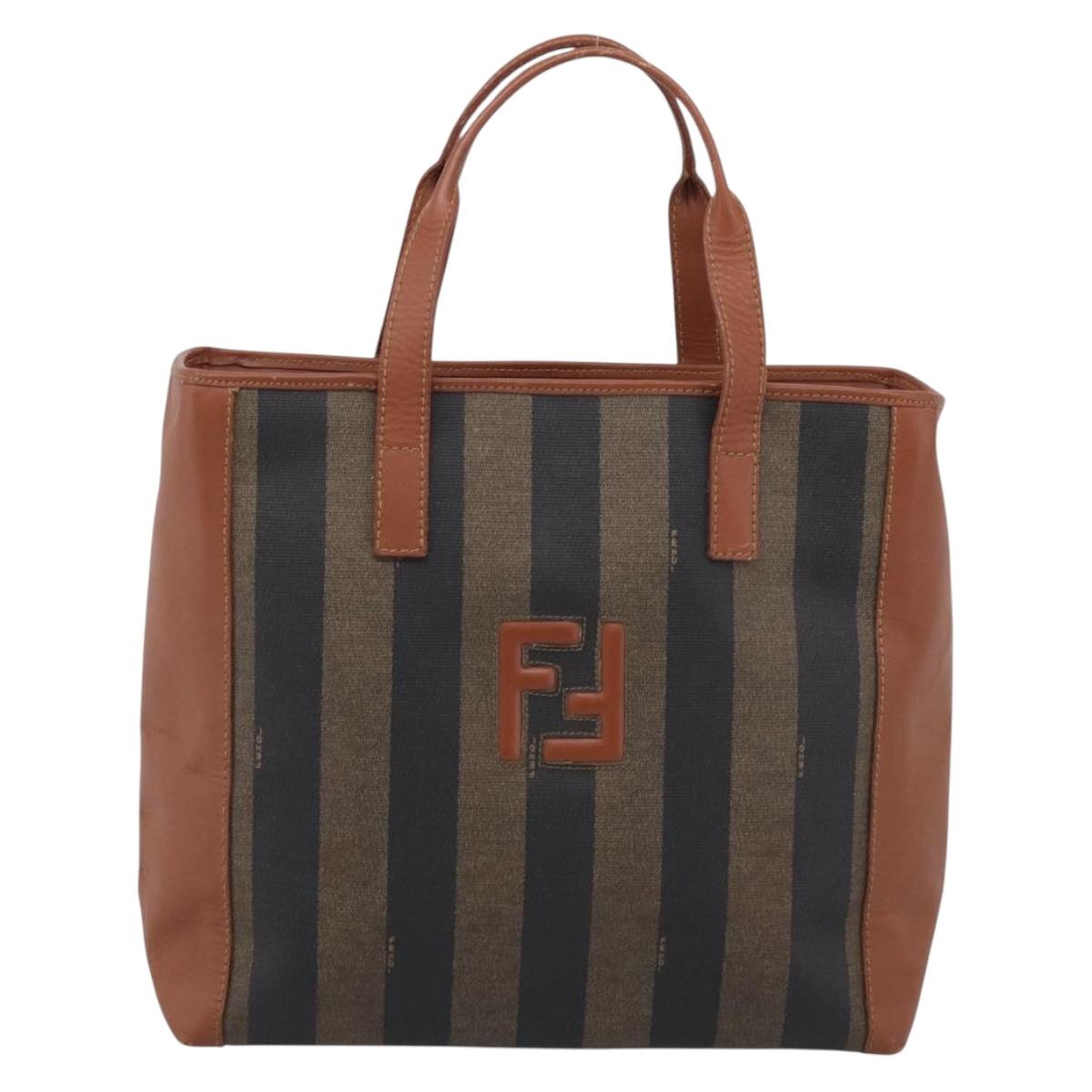 FENDI Pequin Canvas Hand Bag PVC Black Brown Auth ka6932