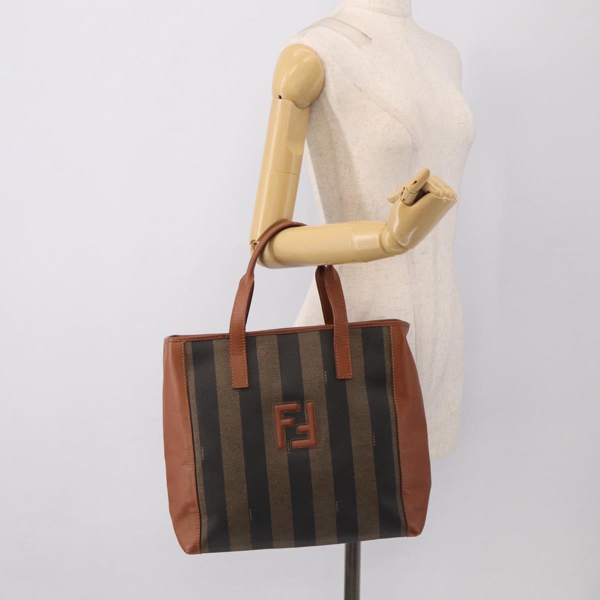 FENDI Pequin Canvas Hand Bag PVC Black Brown Auth ka6932