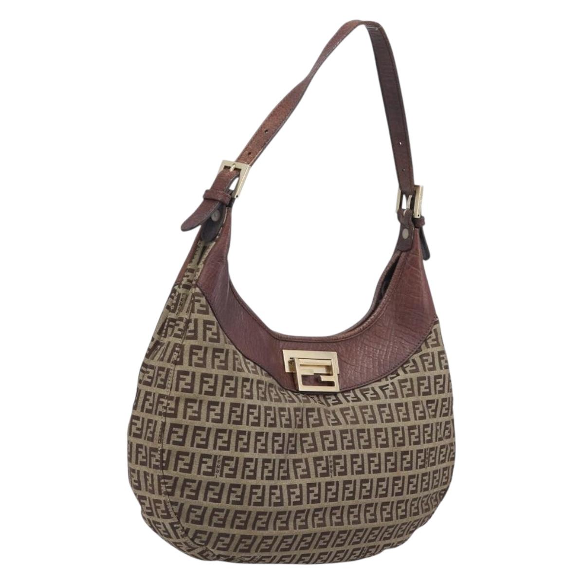 FENDI Zucchino Canvas Shoulder Bag Beige Gold 8BR552 Auth ka6934A